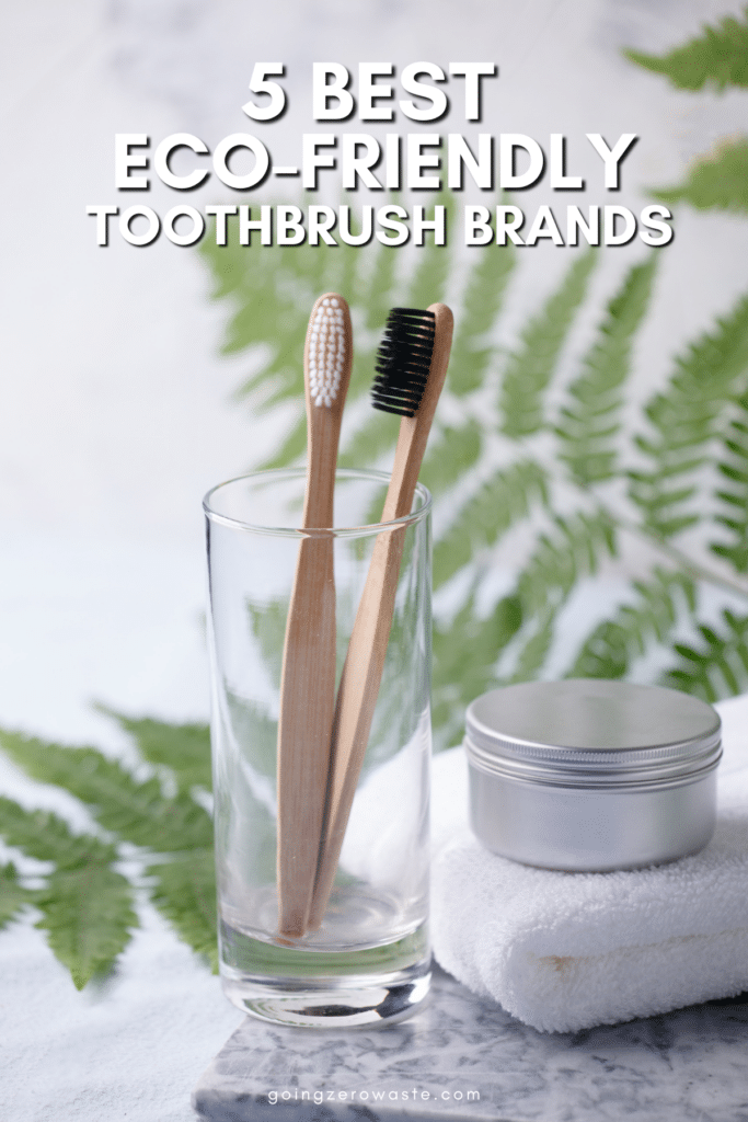 2 bamboo toothbrushes in a glass cup with overlay text reading "5 best eco friendly toothbrush brands"